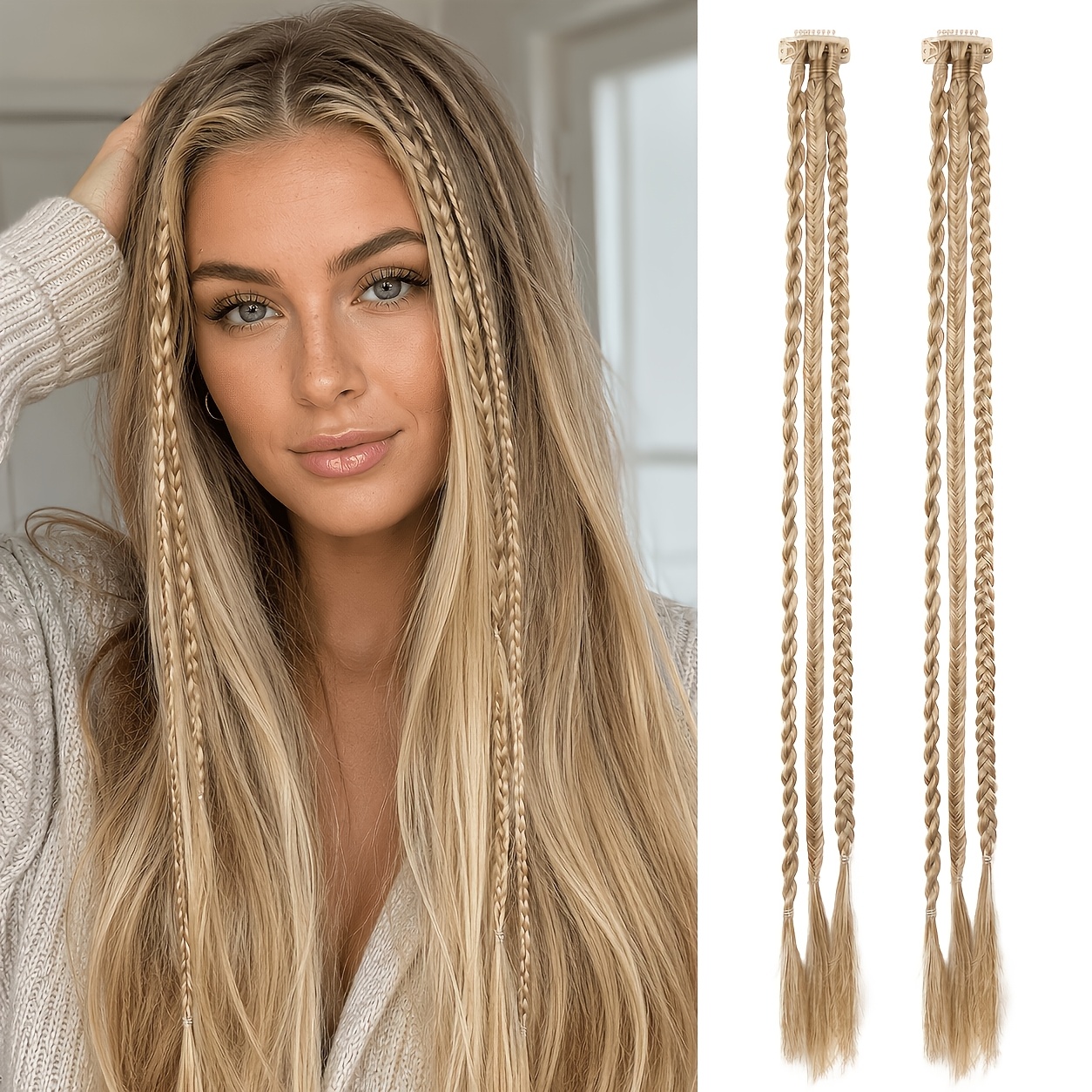 Image of 2pcs Clip-in Braided Hair Extensions, 55.88cm Long Synthetic Braids, 3 Braids Per Clip, Looking Hairpiece For Women, Easy Styling For Daily Wear, Festivals, And Parties