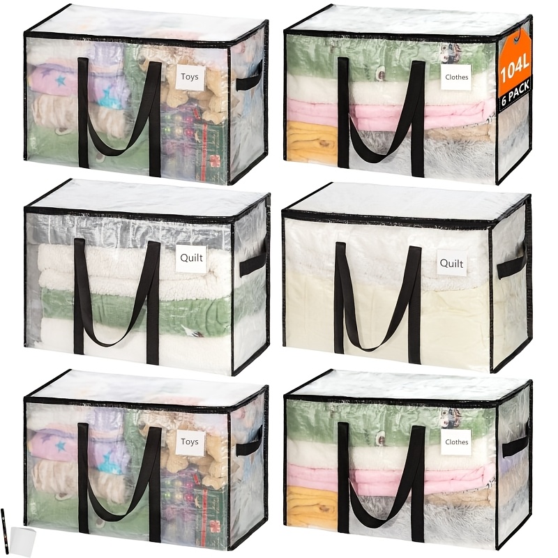 TEMU 6 Pack Extra Large Reinforced Hand Carry Zip Bags | 104 , Transparent Polypropylene Bags For Moving, Travel, Camping, University Supplies