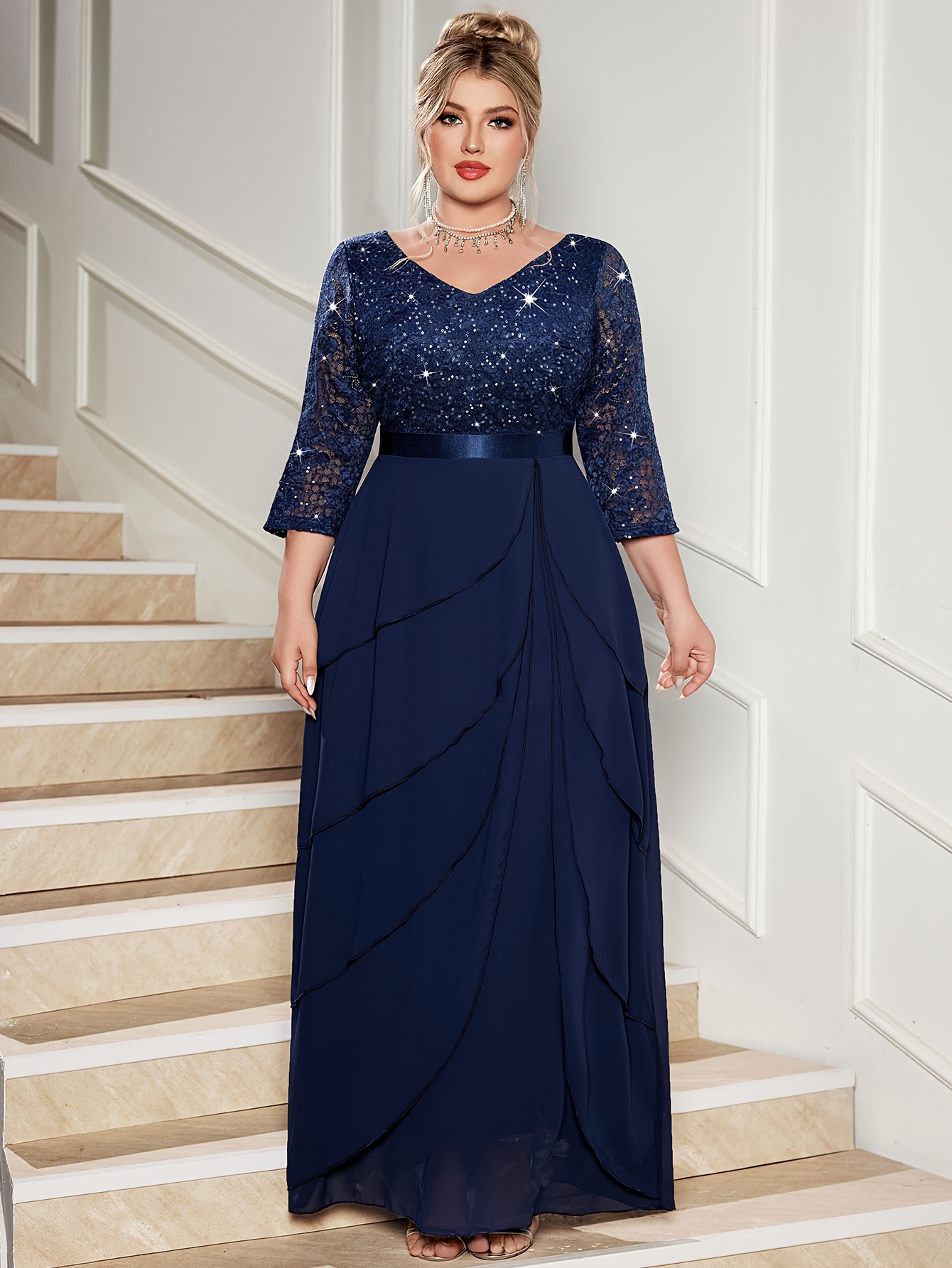 blue dress for baby girl Plus Size Midi Dress for Women V Neck 3/4 Sleeve Casual Swing Loose A-Line  Dresses main image 1