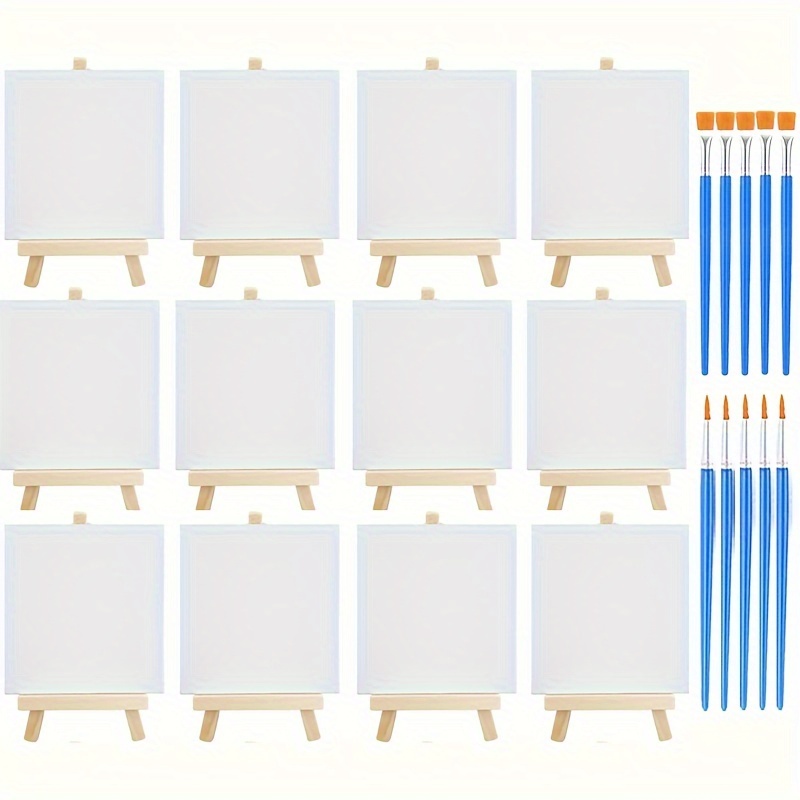 

34pcs Boards & Easels & Brushes Sets (12pcs 12pcs Easels+10pcs Brushes): 10cm X 10cm (4"x4") White Blank Mini Canvas Panels And Wooden Easels And Brushes For Painting, Diy, And