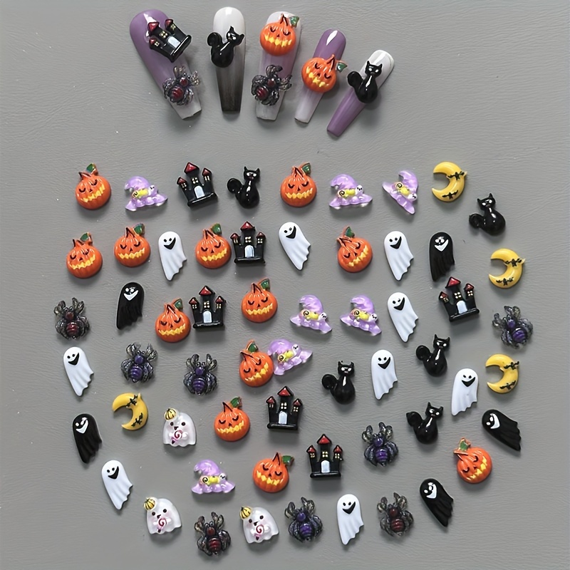 

50pcs Halloween Nail Art Charms - Pumpkin, Ghost, Witch Hat, Castle, Cat, Bat, Moon, Spider Resin Nail Decor - Holiday Nail Accessories Set For Women's Halloween Nail Art Decoration