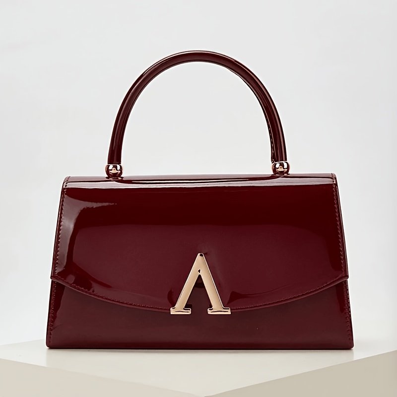 TEMU Glossy Small Square Handbag For Women, New A-line Metal Buckle Crossbody Bag, High-end Evening Clutch, Vintage Wine Red Commuter Small Bag