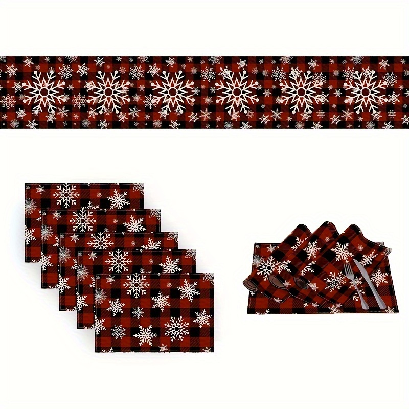 

Festive Red & Black Buffalo Plaid Table Runner And Placemats Set - Snowflake Pattern, Polyester, Perfect For Christmas Dining Decor (available In 1pc, 4pcs, Or 5pcs Options)