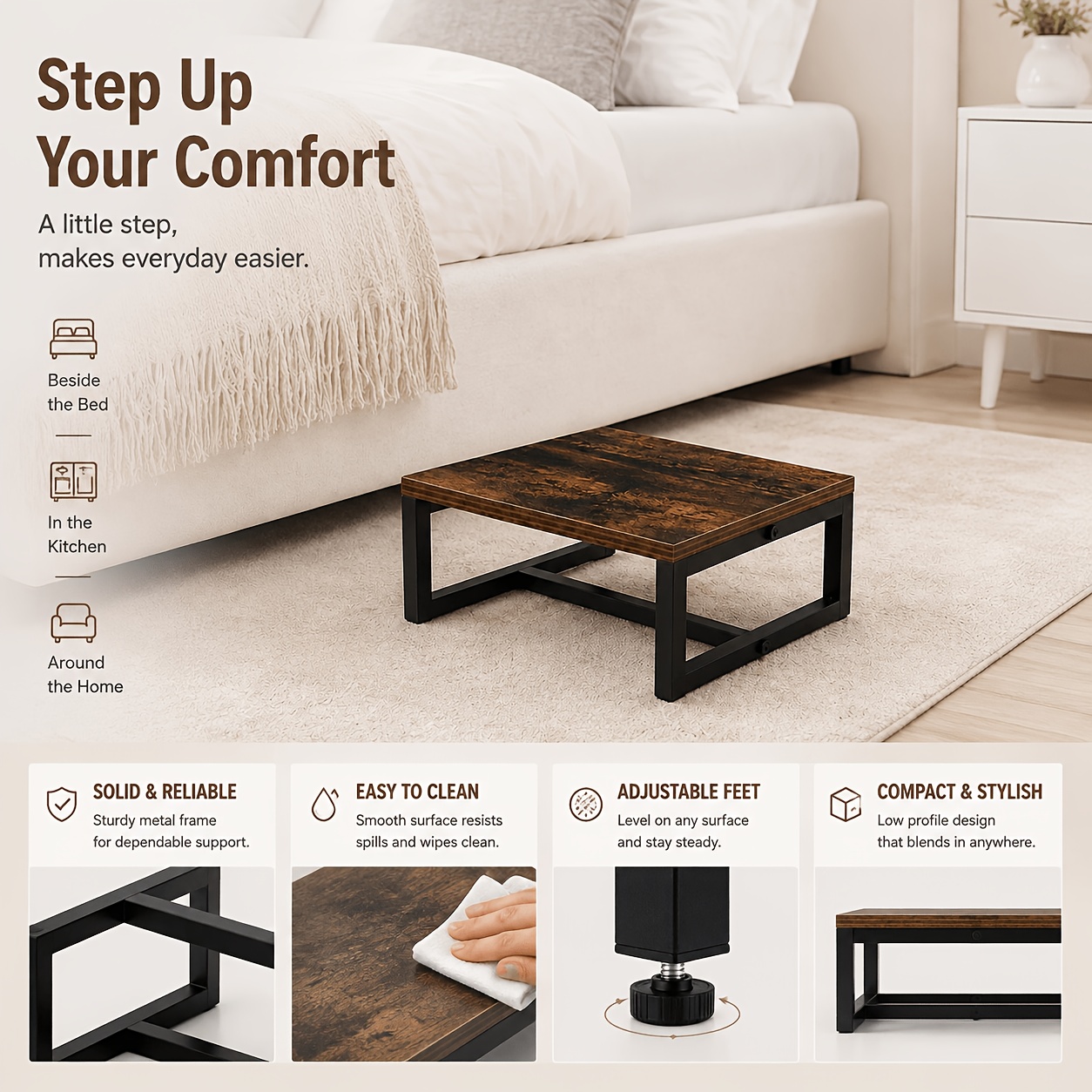 TEMU Wooden Step Stool With Metal Frame, Heavy Duty Low Stool For Adults, Step For Bathroom, Non-slip Foot Stool For Kitchen, Bedroom, Rv, And Home