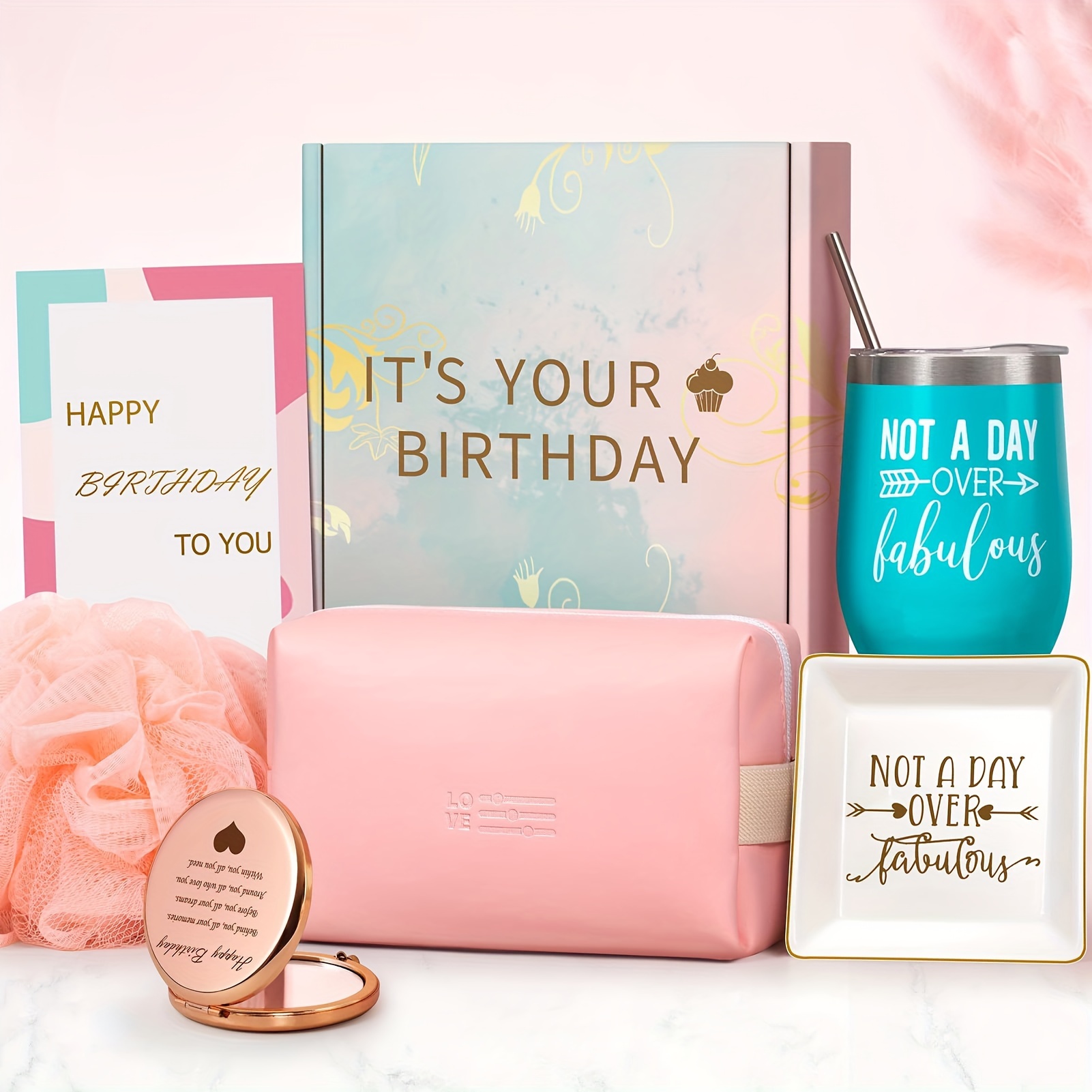 

A Gift Set With A 12oz Insulated "not A Day Over Fabulous, " A Jewelry Tray, Rose Gold Mirror, Makeup Bag, Bath Loofah, And A Greeting Card. Perfect Birthday Gift For Moms, Sisters,