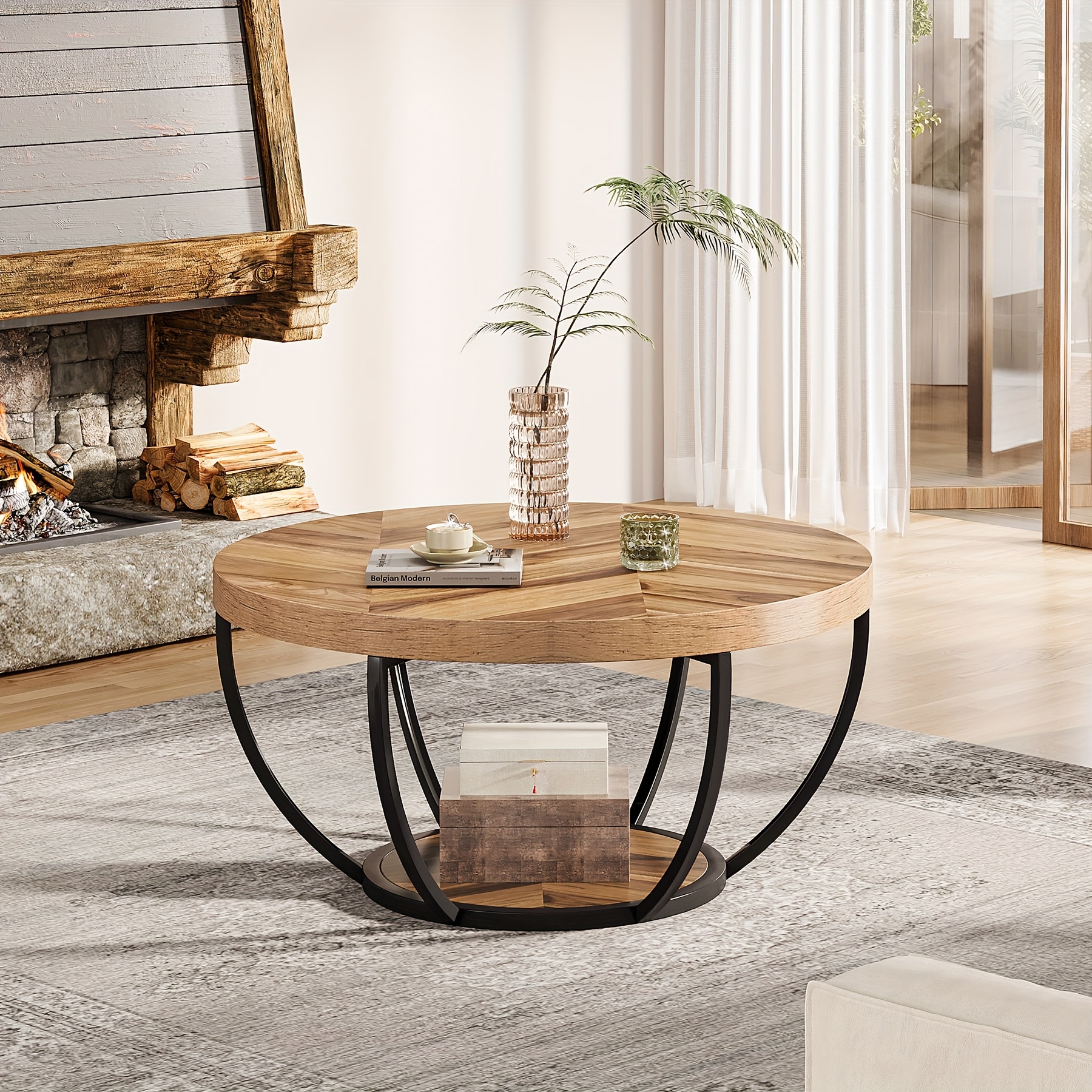 E-shop Runder Couchtisch, 81 cm (31,7") Holz 2-stöckiger runder Kaffeetisch mit Ablagefächern, moderner Akzent Cocktailtisch Center Table für