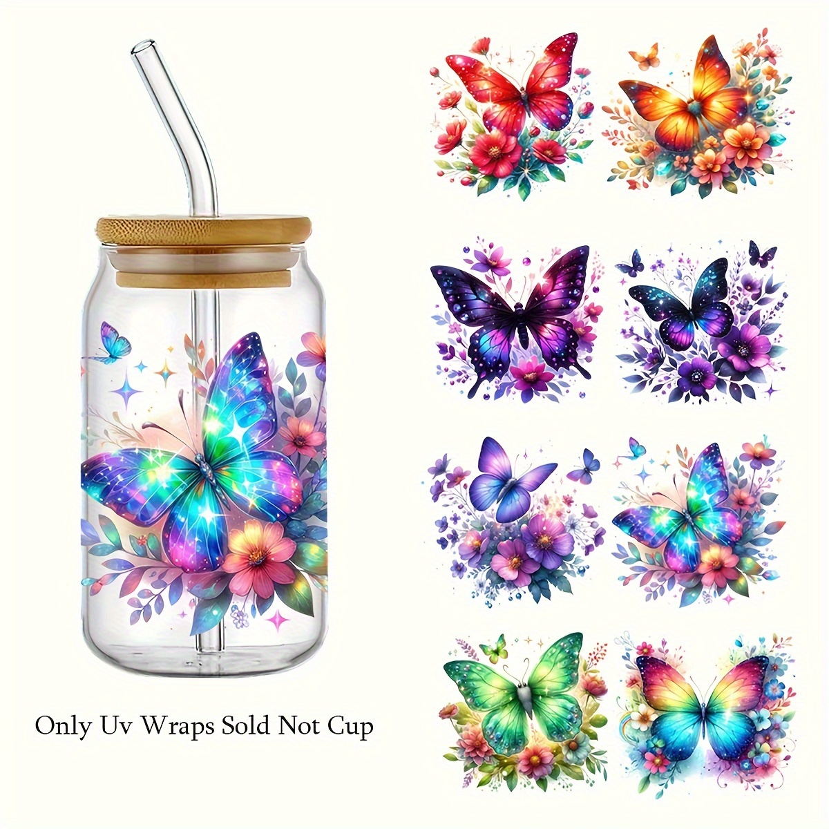 

4pcs Butterfly & Dtf Cup Stickers - Waterproof Decals For 16oz Mugs, Glasses & Bottles - Diy Craft Supplies For School Projects & Artistic Decor