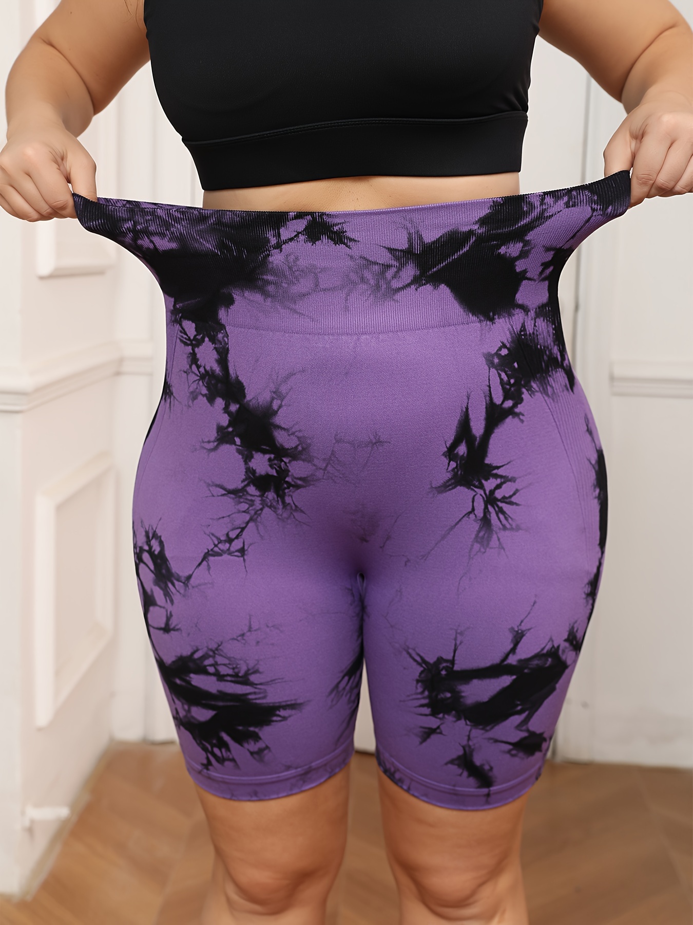 Plus Size Women's High-Waisted Tummy Control Yoga Shorts - Tie-Dye Design, Stretchy Machine-Washable Fabric for Summer Workouts & Casual Wear, Tummy Control Shorts, Stylish Workout Apparel, Highelastic Fabric