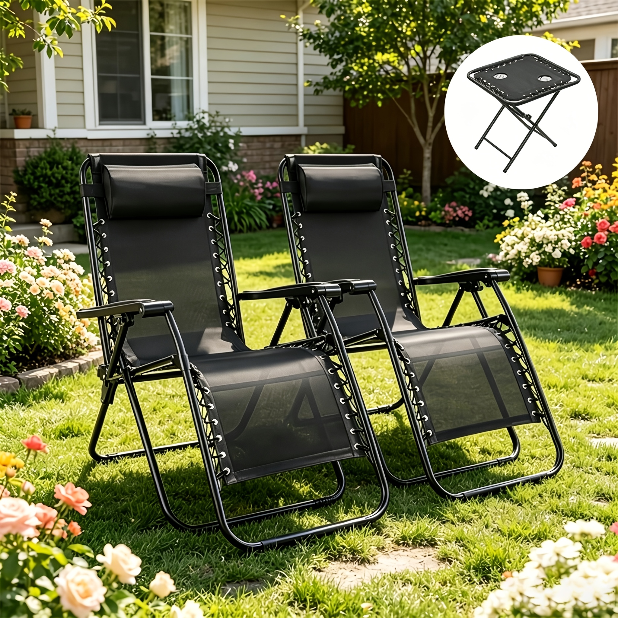 Pack Of 2 Reclining Chairs Outdoor Garden Lounge Chair 0 Gravity Folding Outdoor Garden Lounge Chair For Beach, Patio, And Camping With Cup Holders, Lightweight And Comfortable