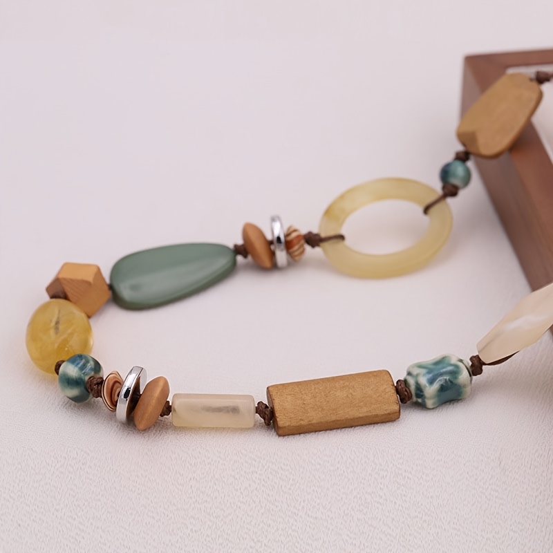 Handmade Long Ceramic Bead Necklace, Bohemian Vintage Style