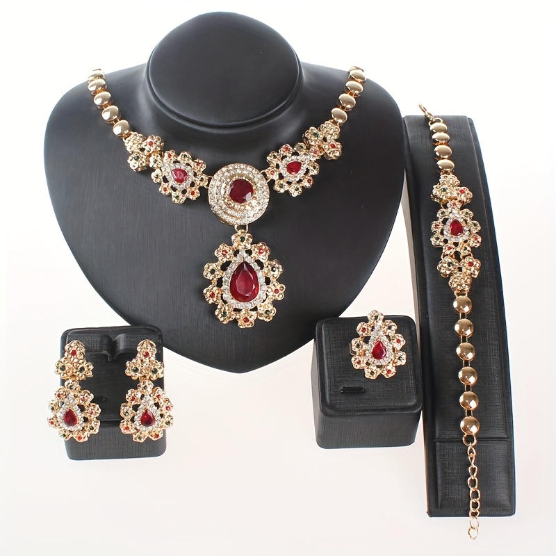 TEMU A Set Of Luxurious And Elegant Synthetic Zirconia Red And Green Rhinestone Necklace, Bracelet, Earrings, And Ring Jewelry Set, Suitable For