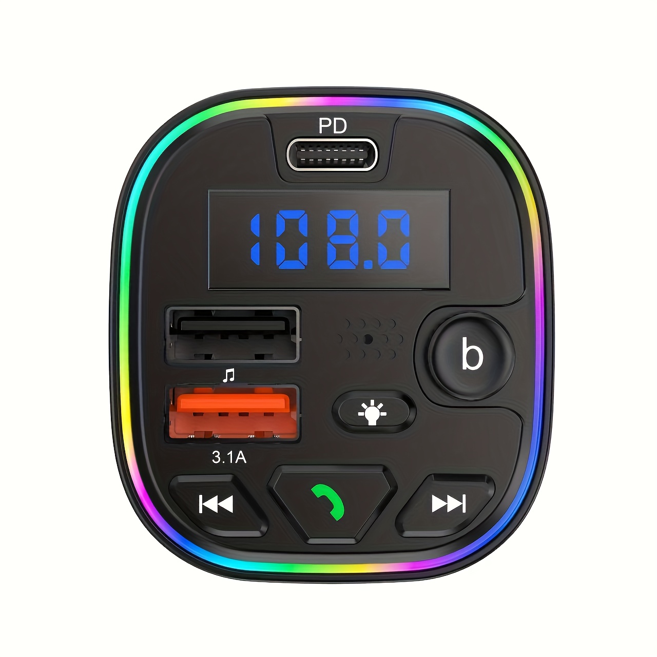 Автомобилен Bluetooth FM предавател с функция за отговаряне на обаждания. Може да зарежда мобилни телефони, таблети и други електронни устройства