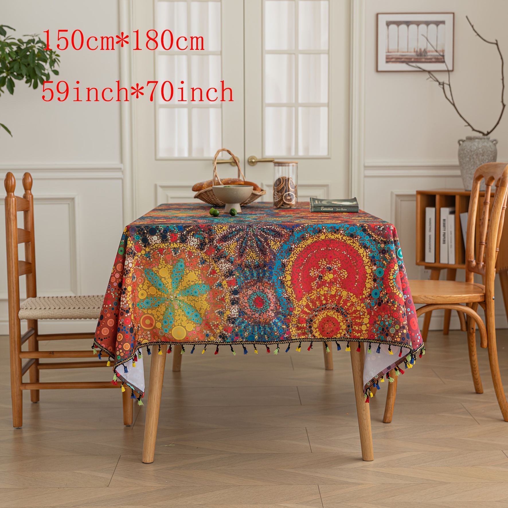 TEMU Vibrant Dot Bohemian Linen Tablecloth With Tassels - Geometric , Washable, Durable, And For Gatherings, Meals, And Outdoor Parties - Handcrafted With Love For A