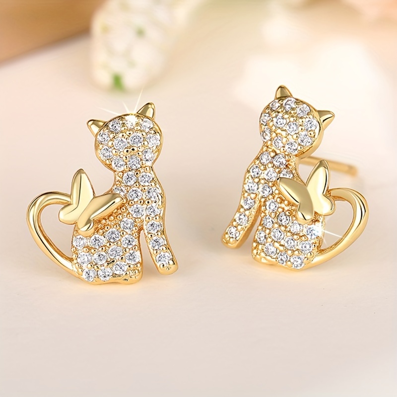Image of A Pair Of Stylish Women's Ear Studs Inlaid With Synthetic Zirconia, Featuring Cute Cat Designs, Casual Wear, Parties, And As Birthday Jewelry Gifts