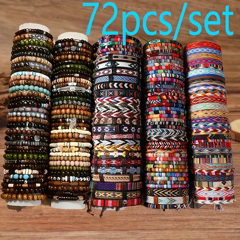 TEMU 72pcs Mixed Set With Vintage Stretch String String Bohemian Colored Handstring Handmade For Men And Women To Wear A Arm Accessories