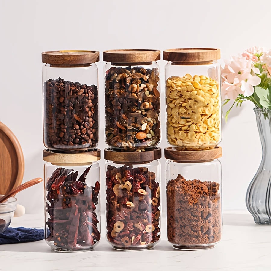 3 Sets Of Glass Food Storage Jars With Golden Acacia Airtight Lid - 750ml/25oz Thick Glass Kitchen Canisters - Transparent Glass Food Storage Containers With Wooden Lid For Tea, Sugar, , Coffee