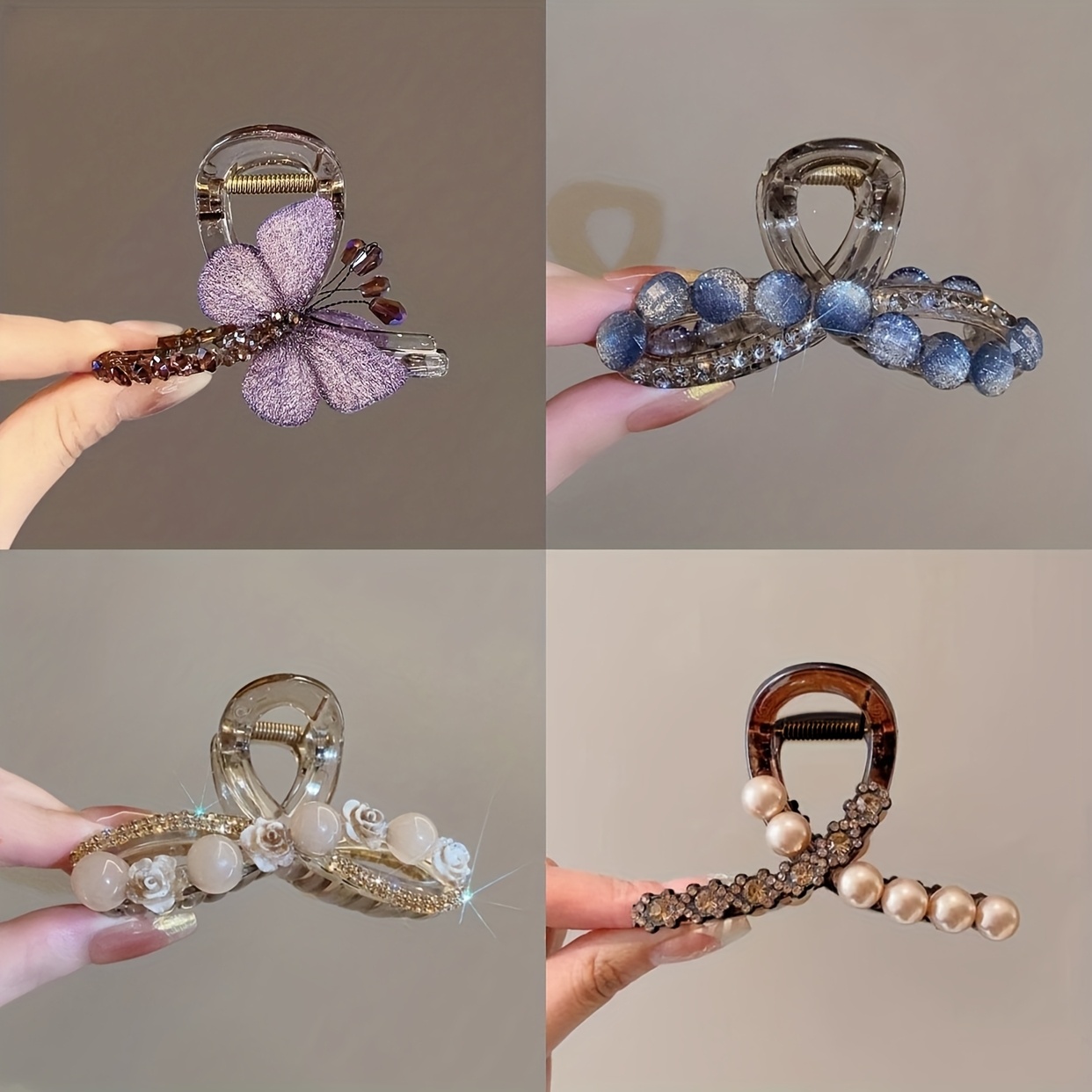 E-shop 4-teiliges Schmetterling-Acryl-Haarspangen-Set, durchbrochene Strass-rutschfeste Haifisch-Haarklammern, modisches Haar-Accessoire für Damen,