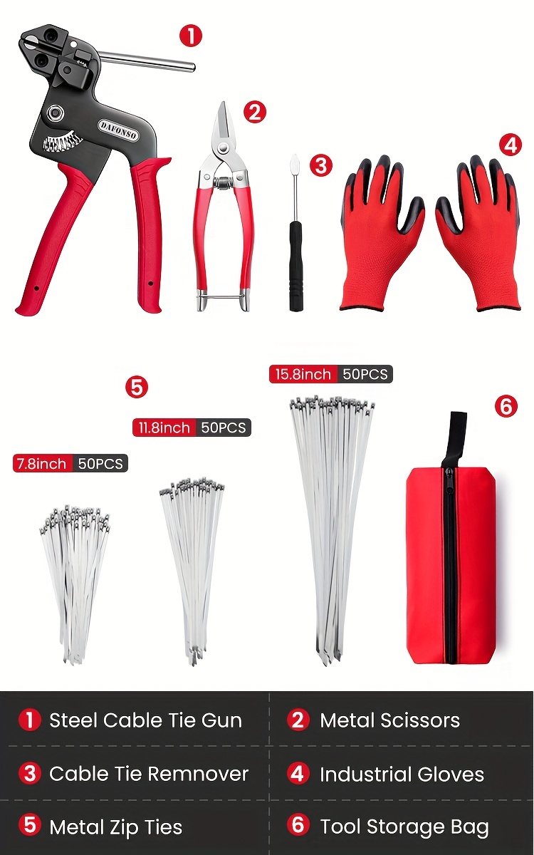 heavy duty 304 stainless steel cable tie gun kit 150  zip ties 3 sizes tensioning cutting tool for fencing chicken coop cable bundling exhaust repair   reinforcement Product details 7
