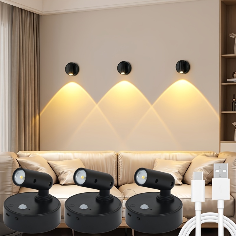 TEMU 3-teiliges Set, LED Smart Bewegungsmelder Licht, Drei-Farben Einstellbare Farbwechsel Wandleuchte, Magnetischer Treppenstrahler, USB