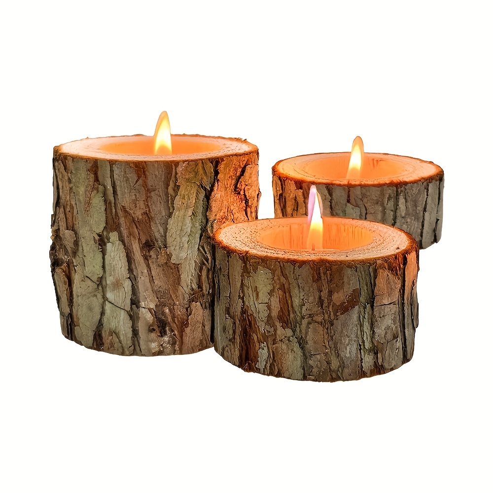 Image of Rustic Wooden Candle Holder Set - 3 Sizes (1.18", 1.7", 2.7") For Holiday Decor, Perfect For Christmas, Halloween, Thanksgiving & New Year's - Tabletop Display, No Batteries Required
