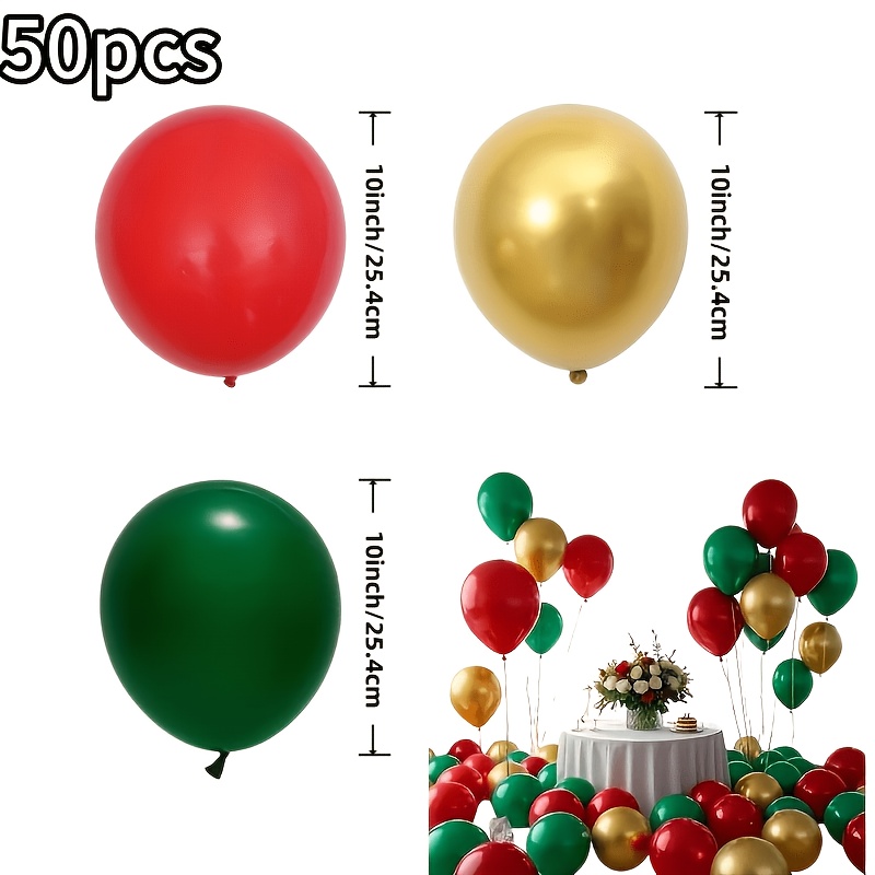 TEMU Lot de 50 ballons métalliques rouges, verts et dorés, ballons en latex. Parfaitement adaptés pour les décorations d'anniversaire, de mariage, de