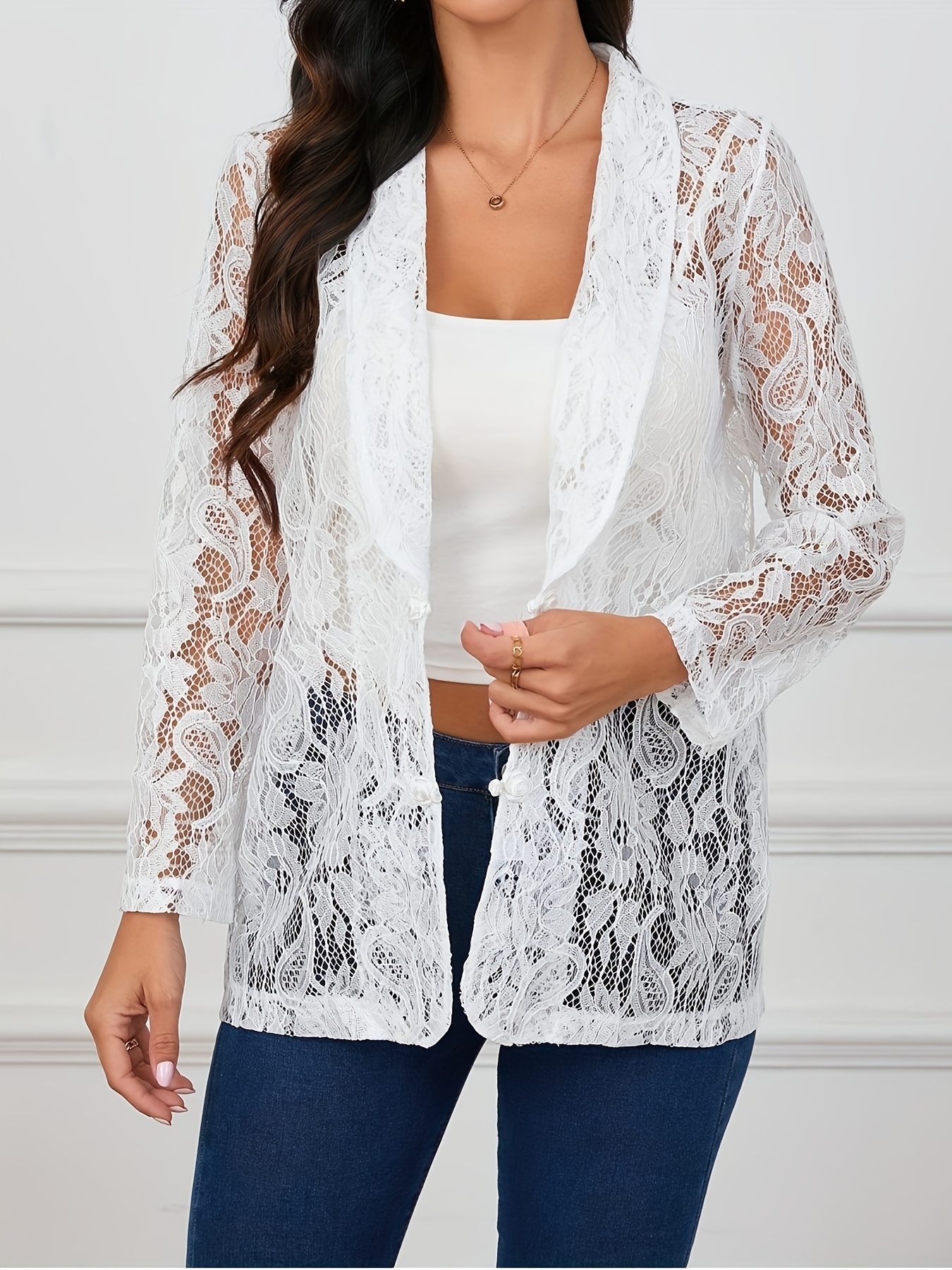 Women's Elegant White Lace Sheer Jacket Long Sleeve, Open Front, Floral  Pattern, Casual Polyester Outerwear (Vest Not Included)