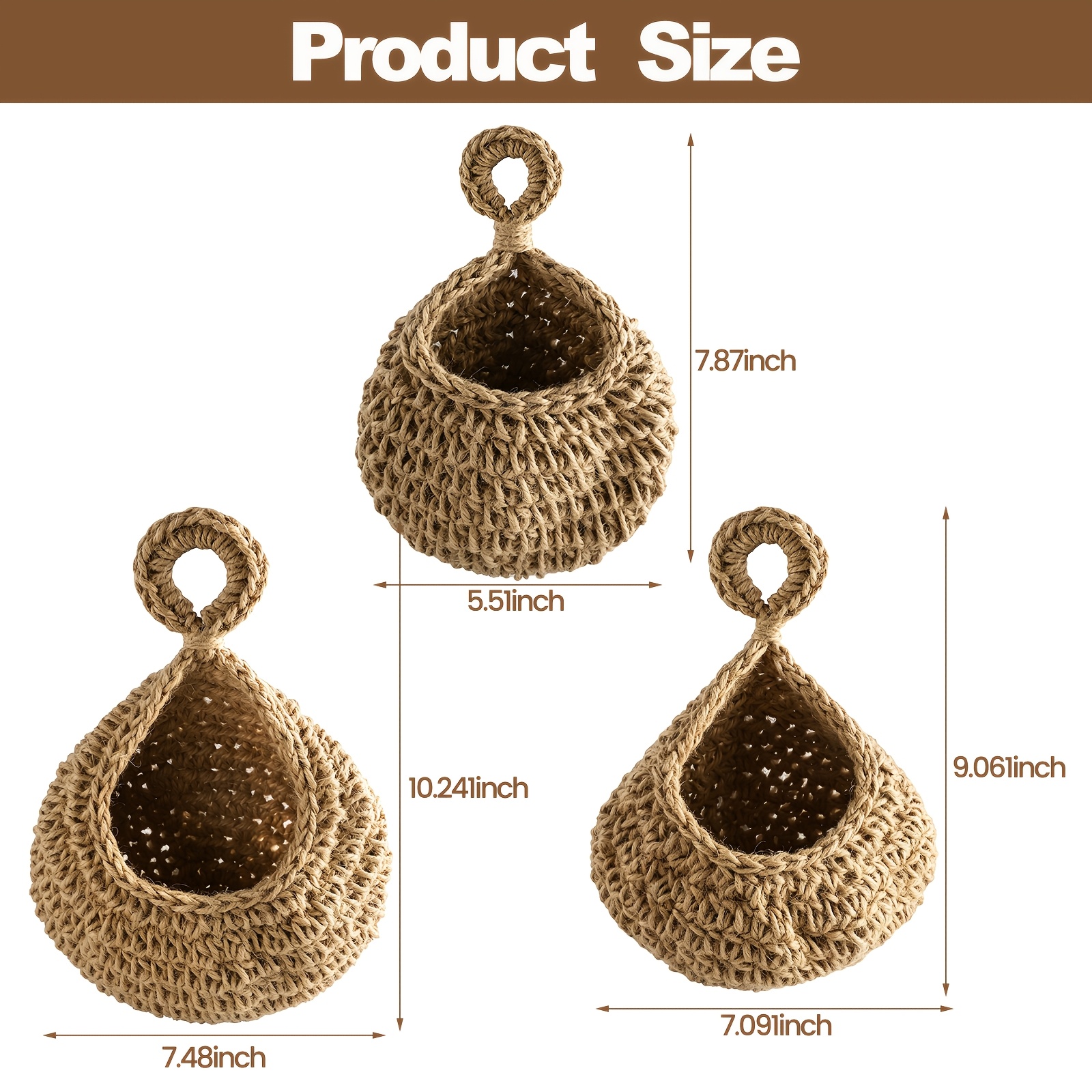 TEMU 3-pack Bohemian Lace Wall Hanging Baskets - Light Brown Fabric Storage Hooks For Kitchen, Garlic & Onion Racks, Home & Restaurant Decorative