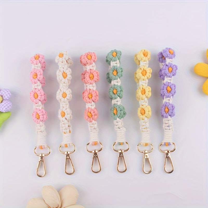 

6 Piece Set Daisy-flower Country Style Wrist Lanyard, Bohemian Handmade Bracelet Key Chain