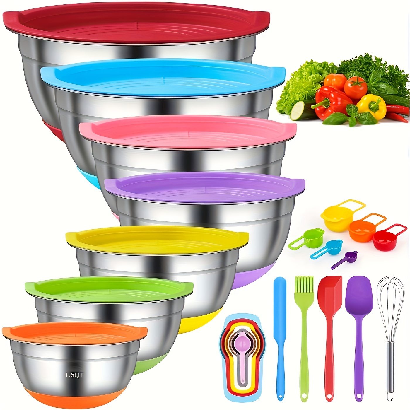 

Mixing Bowls With Airtight Lids, 18pcs Stainless Steel Nesting Colorful Mixing Bowls Set Non-slip Silicone Bottom, Size 7, 5.5, 4, 3.5, 2.5, 2, 1.5 Qt, Fit For Mixing & Serving