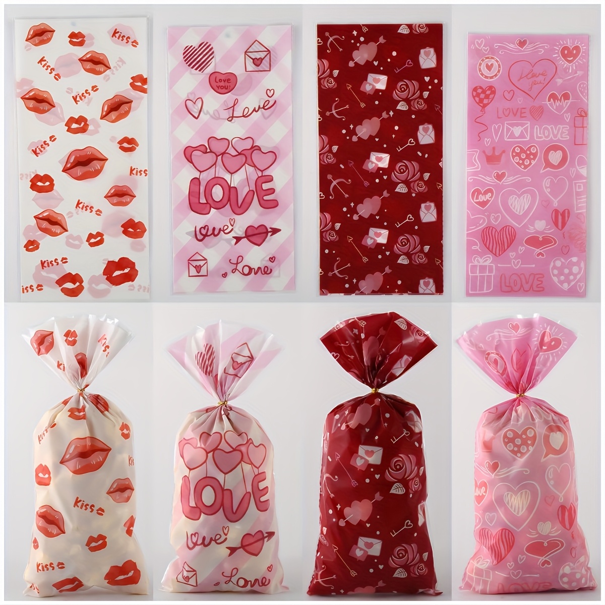 

40pcs Valentine's Day Themed Plastic Gift Bags - & Kiss Designs For Candy, Cookies | Ideal For Classroom Parties & Mini Gifts, Valentines Decorations