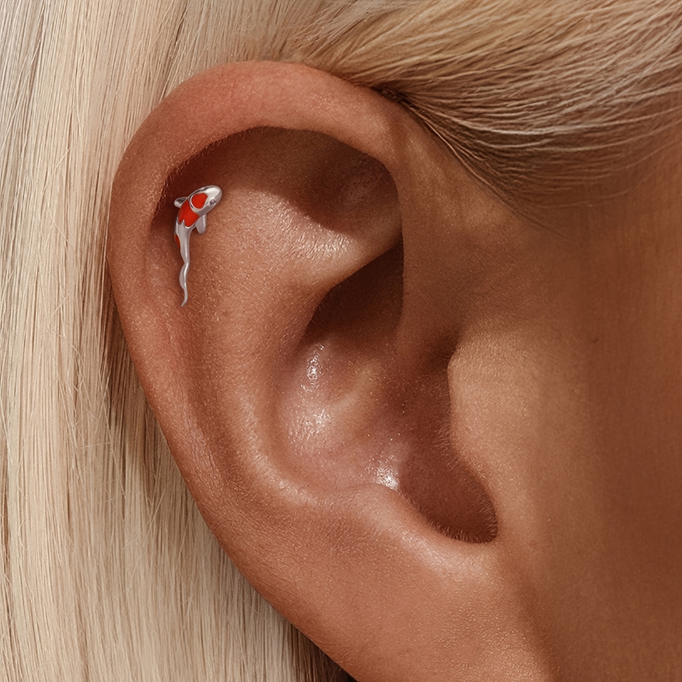Women's 925 Silvery Koi Fish Enamel Flat Back Stud Earring