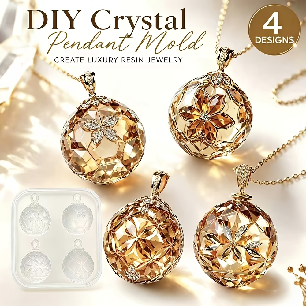 TEMU Resin Silicone Mold, 4 Cavity Floral Ball Pendant Mold With Hanging Hole, Casting Mold For Floral Style Jewelry, Necklaces, And Keychain
