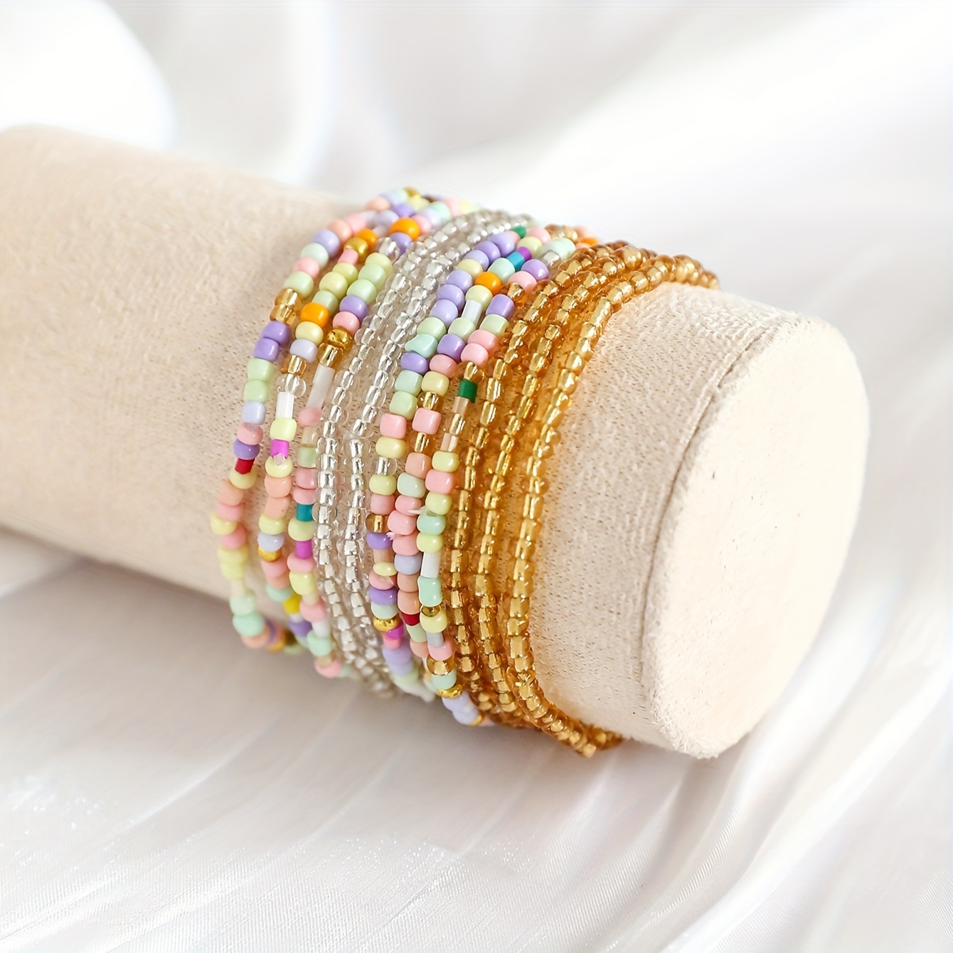 11pcs Glass Material Rice Beads Elastic Rope Bracelet Set