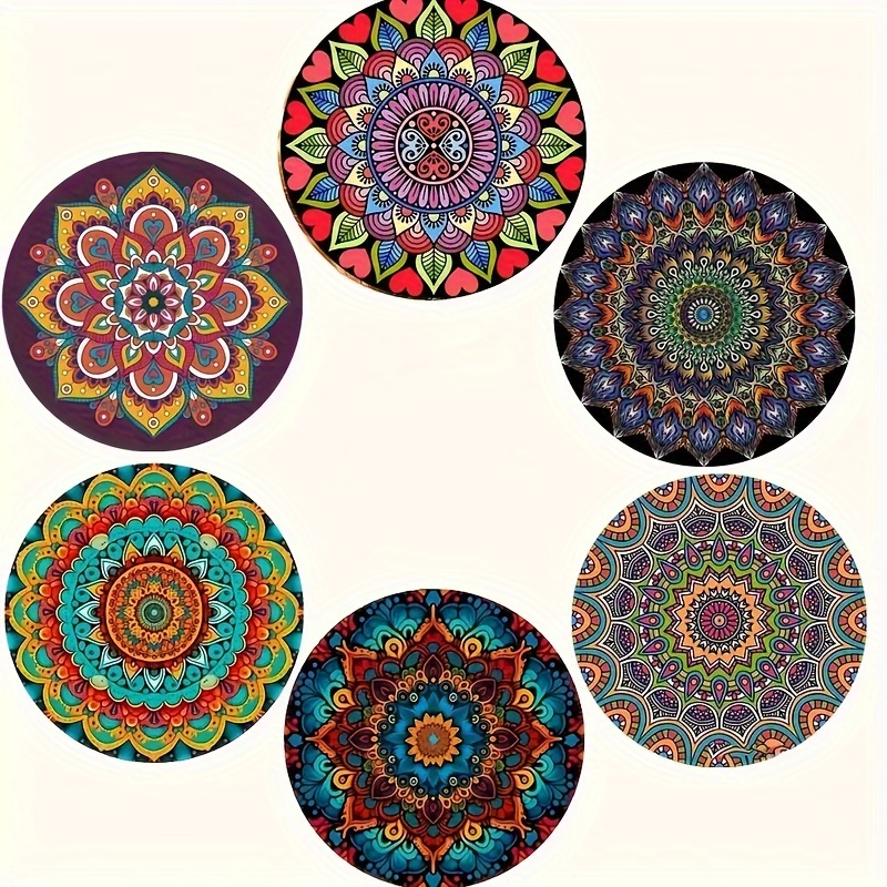 

6-piece Mandala Wooden Coasters Set - Heat Resistant Decorative Drink Mats For Cups, Ideal For Home Use