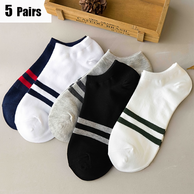 5pairs Men's Socks Solid Color Double Stripe Short Athletic Casual Crew Socks
