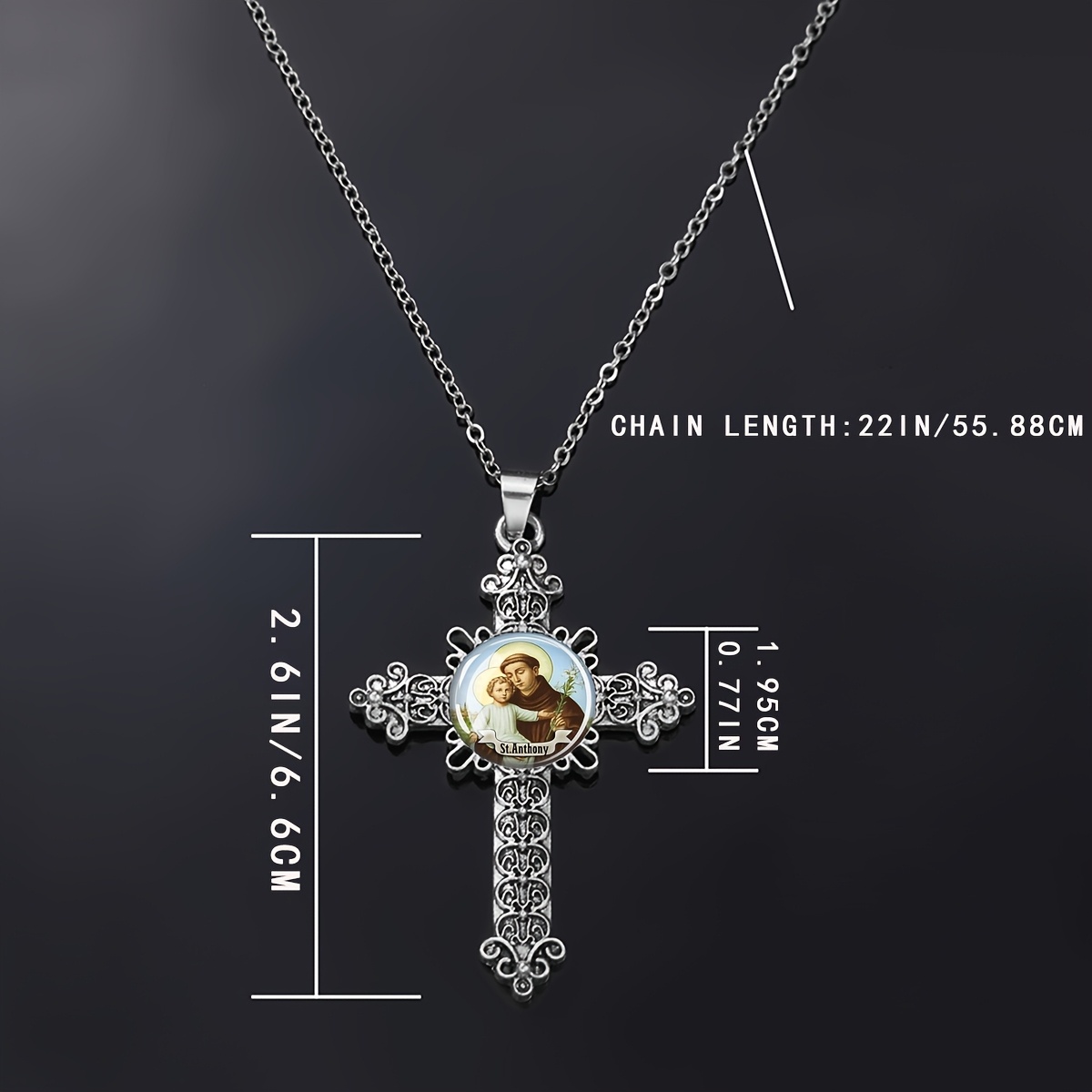 St. Anthony Protection Pattern Glass Cabochon Cross Pendant Necklace