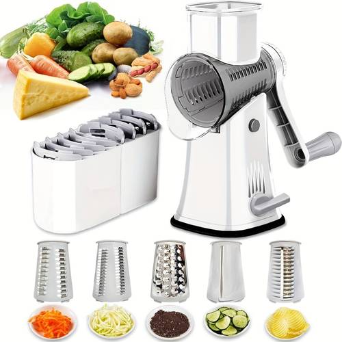 5 in 1 rotary cheese grater vegetable slicer with strong suction base manual mandoline waffle cutter nut chopper and spiralizer for potatoes carrots and more no batteries required spiral vegetable slicer