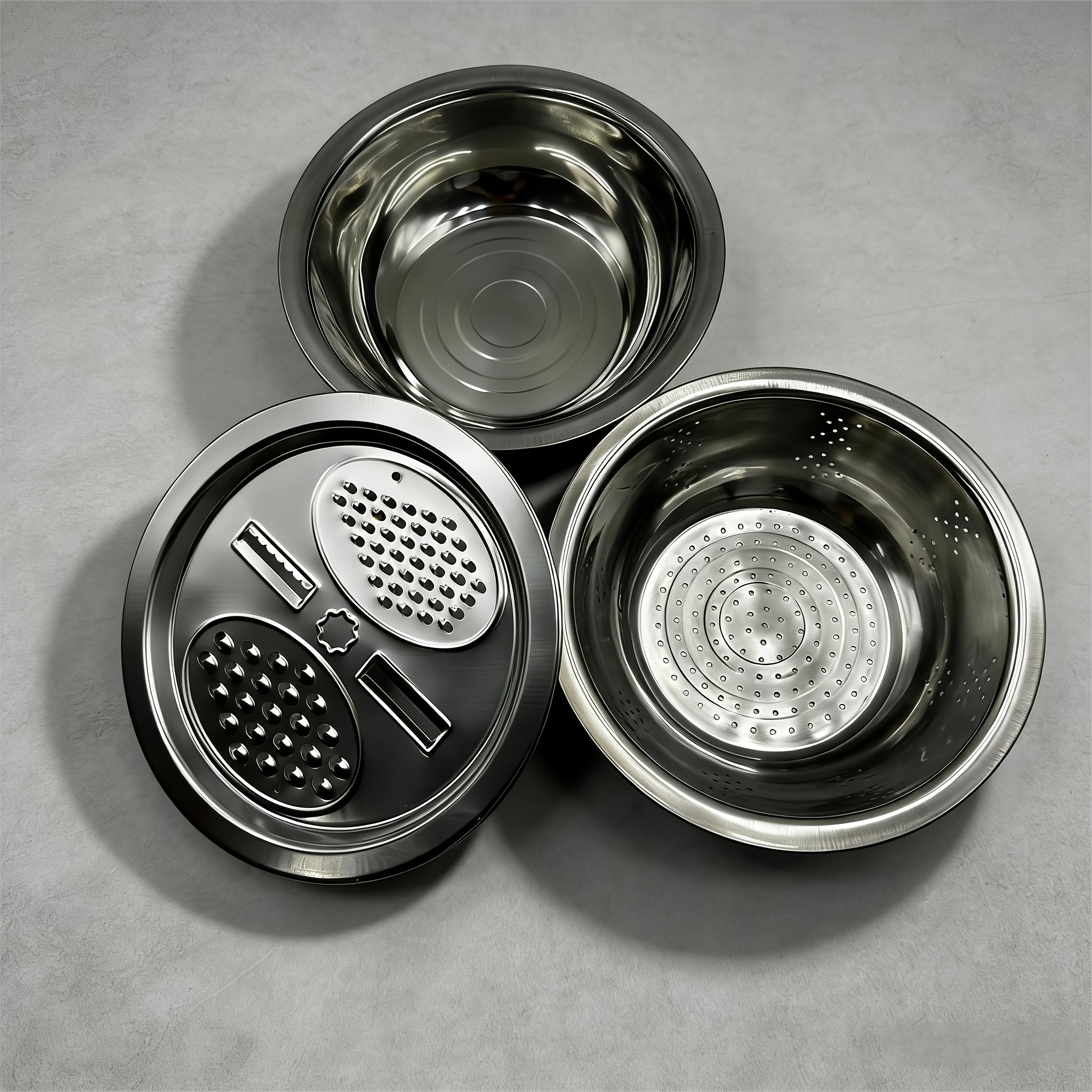 TEMU 家庭用ステンレス製おろし器＆スライサーセット（ストレーナー＆コロンダー付き）フルーツや野菜の千切りやに最適、水や油を切ることが可能