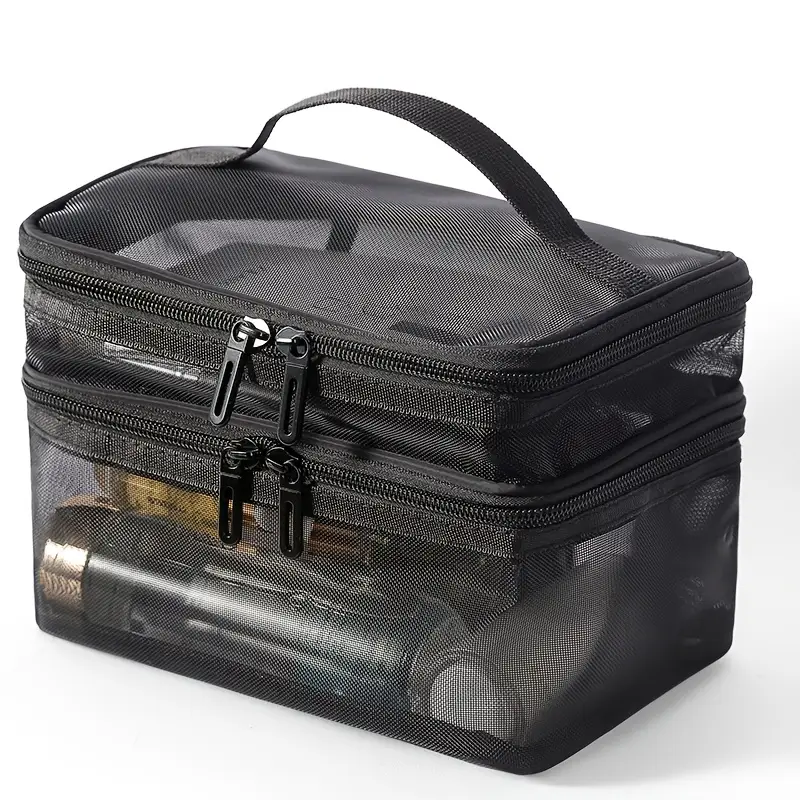 A Portable Double Layer Makeup Bag Made Mesh Fabric