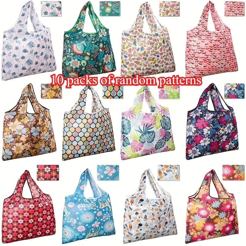 E-shop 10er-Set Wiederverwendbare Einkaufstaschen mit Bunten Blumen- & Paisley-Mustern - Strapazierfähiges Polyester, Faltbar & Mehrfarbig mit