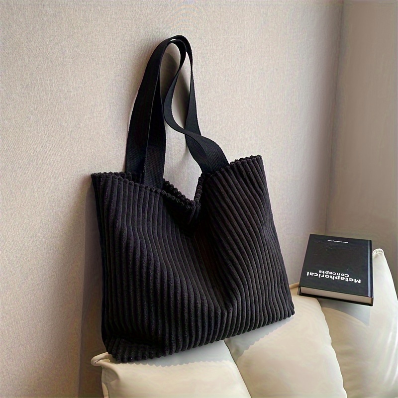

Solid Color Corduroy Shoulder Bag, Large Capacity Lightweight Handbag For Shopping