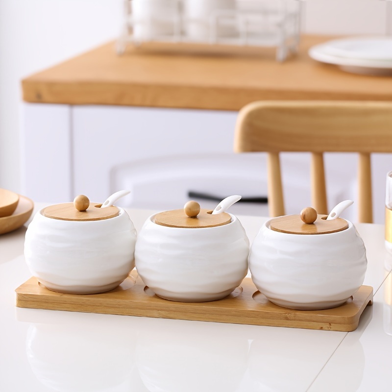 Elegant Ceramic Spice Jars with Wooden Lids And Spoons Home Kitchen Use