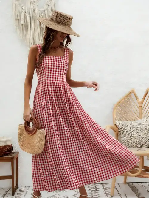 2026 * Summer Women'S Dress Casual Elegant * Checkered A-Line Wide Shoulder Strap Women'S Dress, Daily Home, Date Party, Beach Vacation Women'S Clothing 2026 * Summer Women'S Dress Casual Elegant * Checkered A-Line Wide Shoulder Strap Women'S Dress, Daily Home, Date Party, Beach Vacation Women'S Clothing