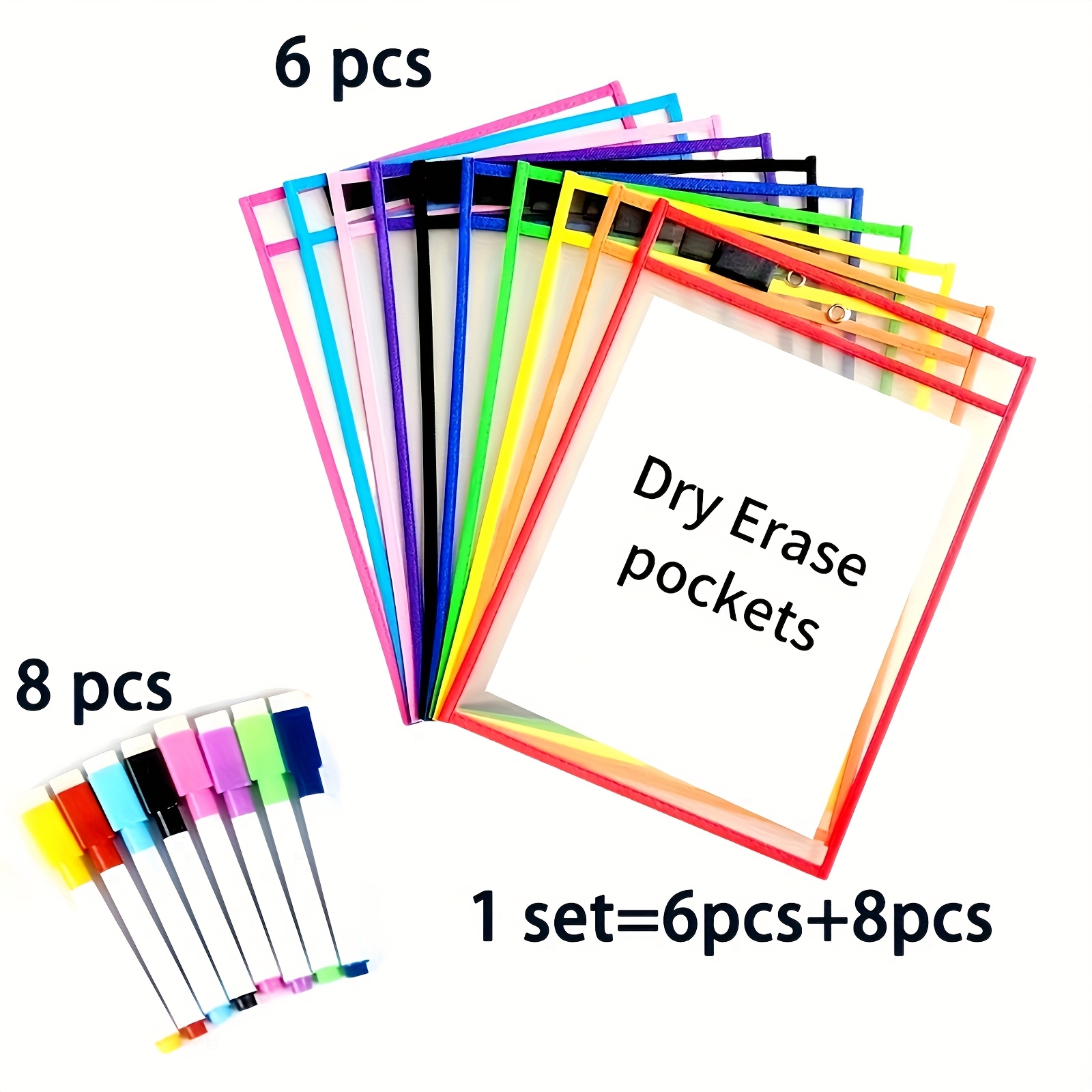 TEMU 14/18pcs Reusable Dry Wipe Pocket Set, With Colorful Markers, Extra Large Transparent Plastic File Bag, Wipeable Writing Protection Film,