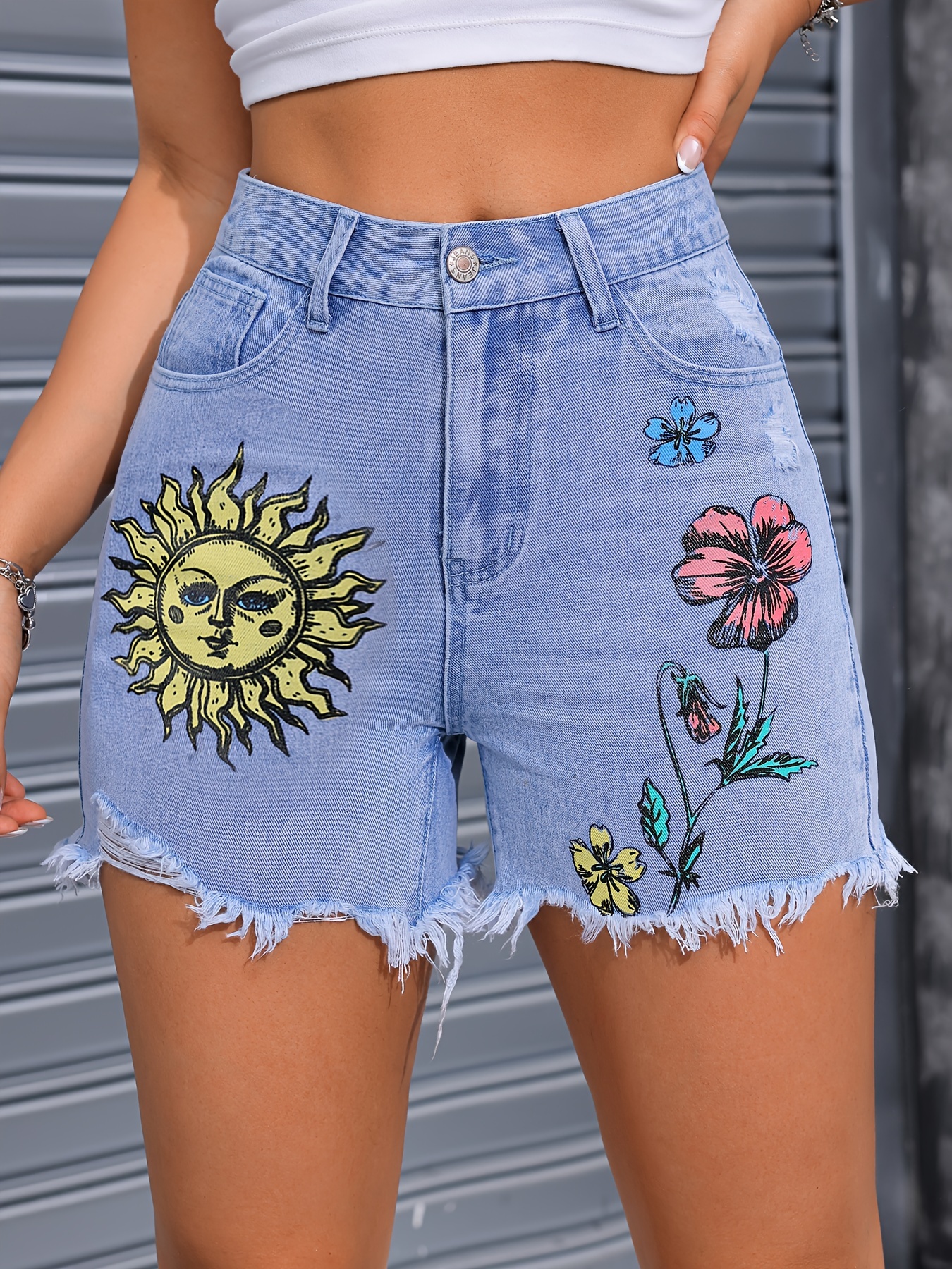 women s casual denim shorts high waist frayed hem cartoon Temu