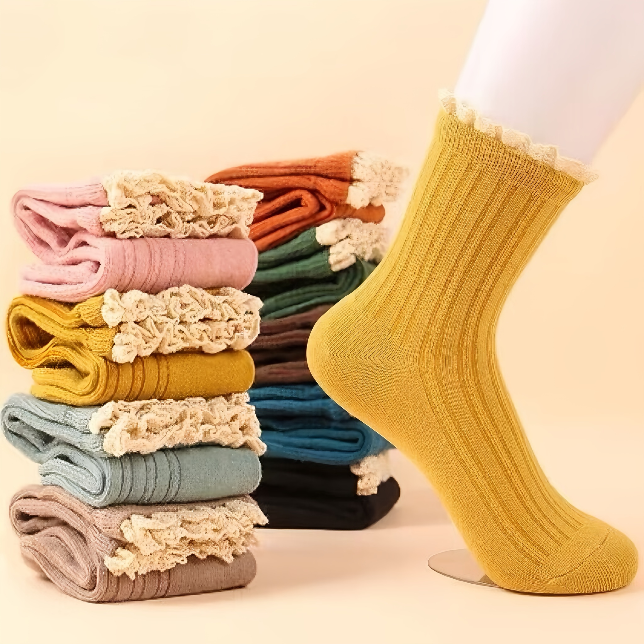 

10pcs Women's Cozy Mid-calf Socks With Lettuce Trim - Solid Color, Stretchy Polyester & Spandex , Machine Washable