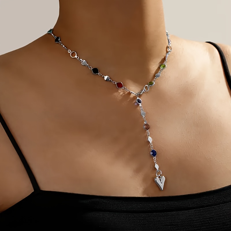 E-shop Damen Edelstahl 3D Herz-Anhänger Halskette mit Y-Kette - Synthetischer Edelstein, ideal als Valentinstagsgeschenk, für Partys & - Ganzjährig