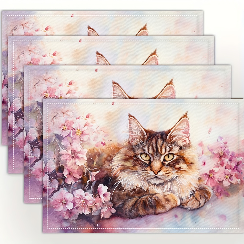 

4pcs Watercolor Maine Coon Cat Placemats, 100% Linen Woven Table Mats, Square Hand Washable Fashion Print For Dining, Kitchen, Party, Home Decor - 12x18 Inch