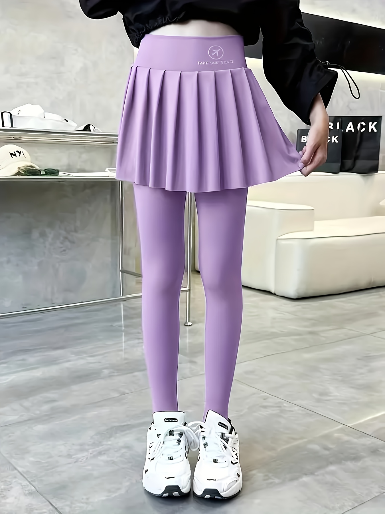 Girls' Two-Piece Pleated Skirt and Leggings Set Black Stretchy Yoga Pants  with White Sneakers Spring and Fall, Yoga Pants for Girls