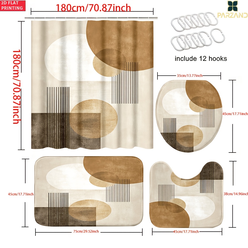TEMU 2d Flat, 2d Flat 4pcs Minimalist Geometric Art Shower Curtain Sets With Shower Curtain, Shower Curtain With 6/12 Hooks, Complete With Non-slip